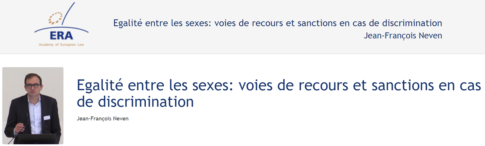 Jean-François Neven (November 2018): Egalité entre les sexes: voies de recours et sanctions en cas de discrimination