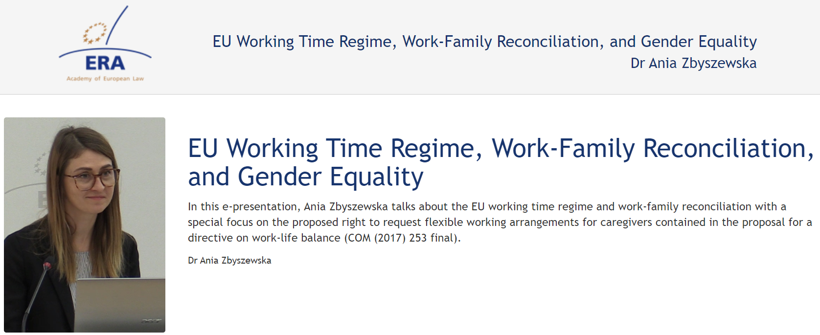 Dr Ania Zbyszewska (November 2017): EU Working Time Regime, Work-Family Reconciliation, and Gender Equality